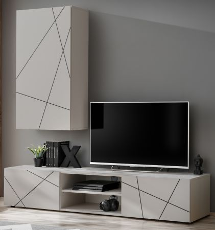 Wohnwand Metrik in Kaschmir mit Schwarz, Breite 180 - 250 cm, Push-to-Open-Funktion