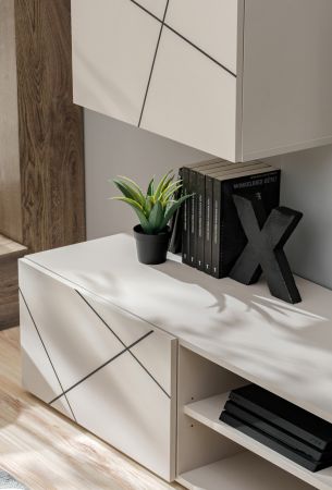 Wohnwand Metrik in Kaschmir mit Schwarz, Breite 180 - 250 cm, Push-to-Open-Funktion