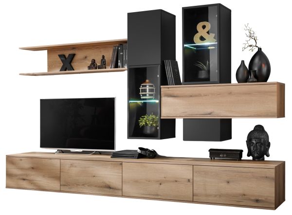 Wohnwand Area Eiche mit Schwarz 280 x 180 cm, inkl. Beleuchtung, Push-to-Open-Funktion