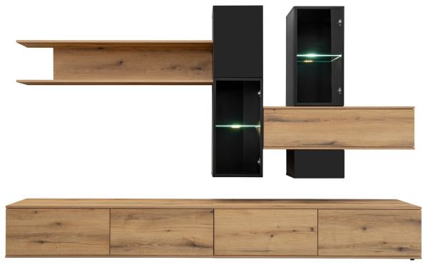 Wohnwand Area Eiche mit Schwarz 280 x 180 cm, inkl. Beleuchtung, Push-to-Open-Funktion