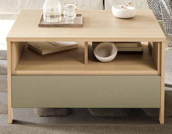Couchtisch Finnes in Salbei und Eiche Beistelltisch skandinavisch 80 x 60 cm, Soft-Close