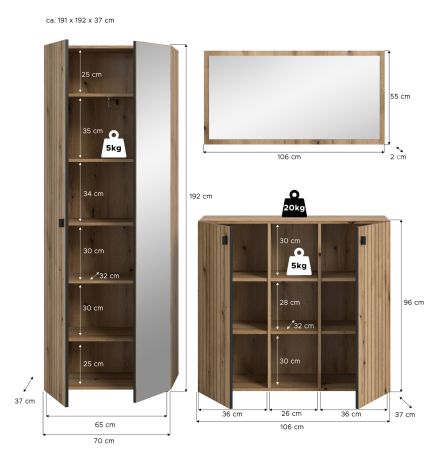 Garderobe Set 3-teilig Loreno in Evoke Eiche 191 x 192 cm
