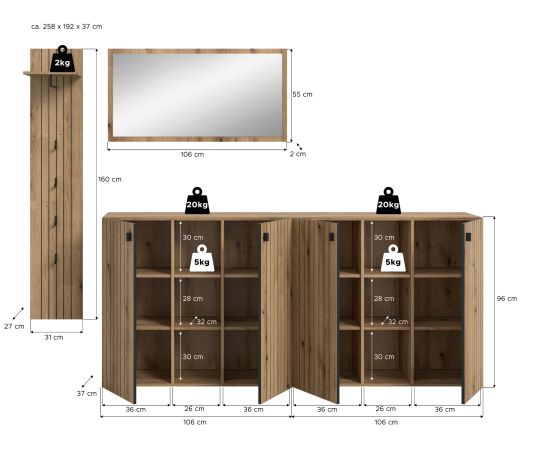 Garderobe Set 4-teilig Loreno in Evoke Eiche 258 x 192 cm