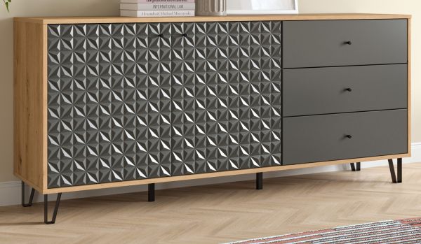 Sideboard Relief in Grau und Artisan Eiche, Kommode mit 3-D Struktur 169 x 76 cm, Vollauszug