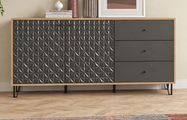 Sideboard Relief in Grau und Artisan Eiche, Kommode mit 3-D Struktur 169 x 76 cm, Vollauszug