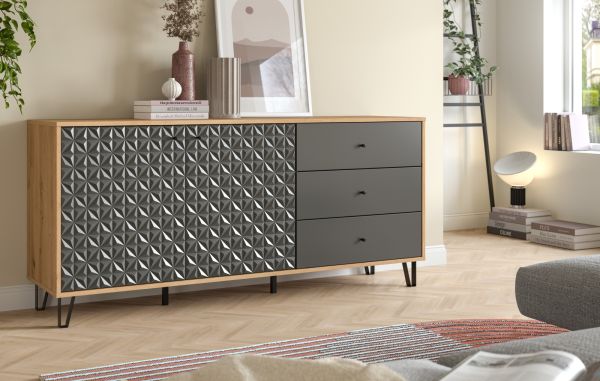 Sideboard Relief in Grau und Artisan Eiche, Kommode mit 3-D Struktur 169 x 76 cm, Vollauszug