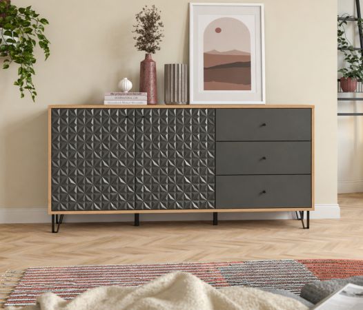 Sideboard Relief in Grau und Artisan Eiche, Kommode mit 3-D Struktur 169 x 76 cm, Vollauszug