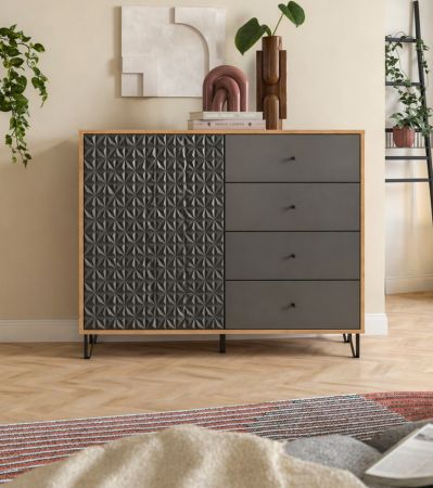 Kommode Relief in Grau und Artisan Eiche, Sideboard mit 3-D Struktur 110 x 96 cm, Vollauszug
