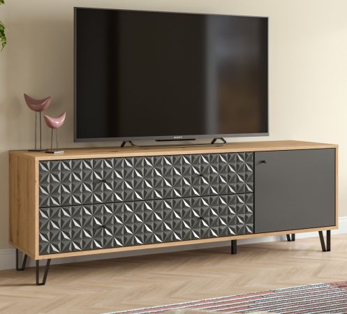 TV-Lowboard Relief in Grau und Artisan Eiche TV Unterteil mit 3-D Struktur 164 x 56 cm