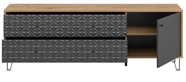 TV-Lowboard Relief in Grau und Artisan Eiche TV Unterteil mit 3-D Struktur 164 x 56 cm