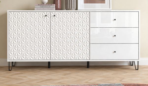 Sideboard Relief in Wei� Hochglanz, Kommode mit 3-D Struktur 169 x 76 cm, Vollauszug