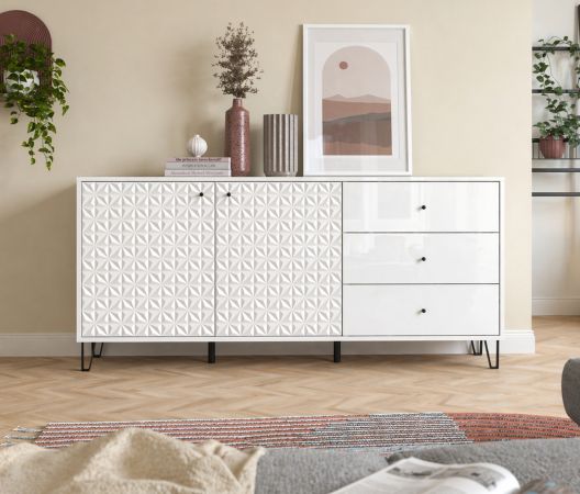 Sideboard Relief in Wei� Hochglanz, Kommode mit 3-D Struktur 169 x 76 cm, Vollauszug