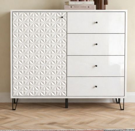 Kommode Relief in Wei� Hochglanz, Sideboard mit 3-D Struktur 110 x 96 cm, Vollauszug
