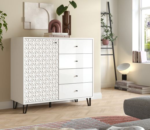 Kommode Relief in Wei� Hochglanz, Sideboard mit 3-D Struktur 110 x 96 cm, Vollauszug