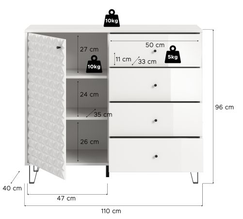 Kommode Relief in Wei� Hochglanz, Sideboard mit 3-D Struktur 110 x 96 cm, Vollauszug