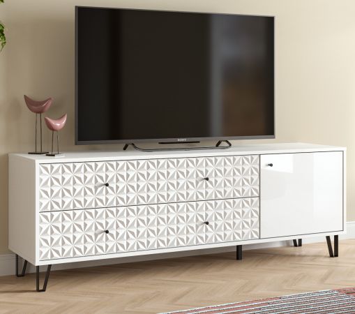 TV-Lowboard Relief in wei� Hochglanz TV Unterteil mit 3-D Struktur 164 x 56 cm