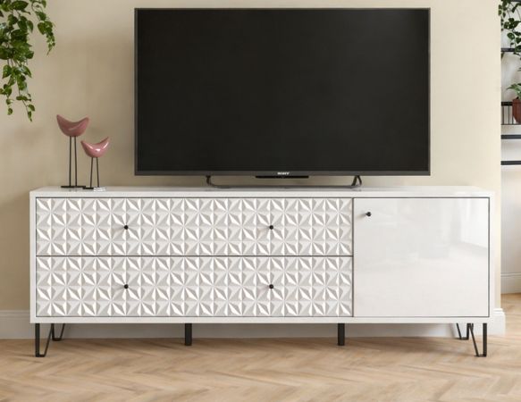 TV-Lowboard Relief in wei� Hochglanz TV Unterteil mit 3-D Struktur 164 x 56 cm