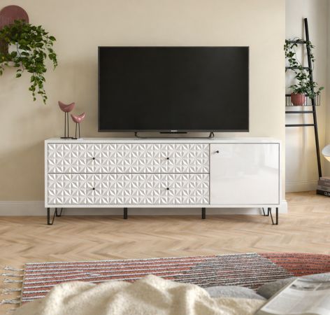 TV-Lowboard Relief in wei� Hochglanz TV Unterteil mit 3-D Struktur 164 x 56 cm