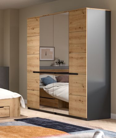 Kleiderschrank Cooper in Artisan Eiche und grau Dreht�renschrank 4-t�rig mit Spiegel 180 cm, Soft-Close