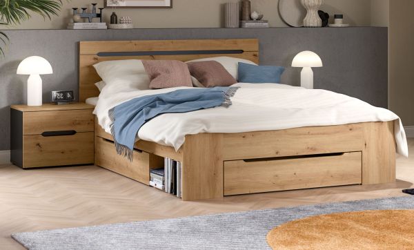 Schlafzimmer Set 3-teilig Cooper in Artisan Eiche und grau mit Bett Liegefl�che 140 x 200 cm und 2x Nachttisch