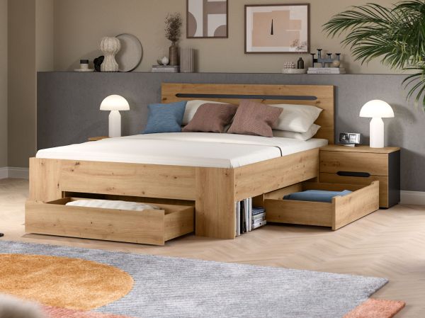 Schlafzimmer Set 3-teilig Cooper in Artisan Eiche und grau mit Bett Liegefl�che 140 x 200 cm und 2x Nachttisch