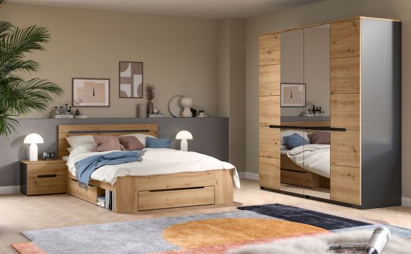 Schlafzimmer Set 3-teilig Cooper in Artisan Eiche und grau mit Bett Liegefl�che 140 x 200 cm und 2x Nachttisch