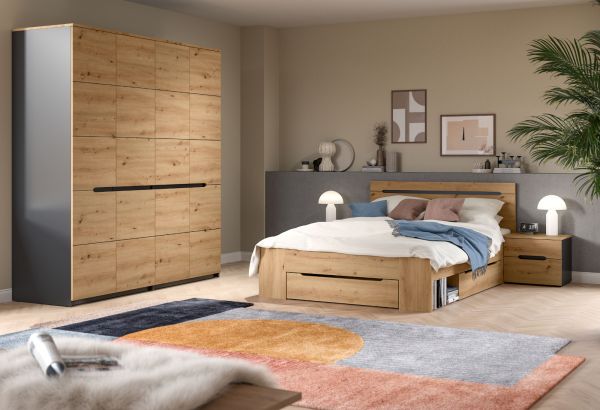 Schlafzimmer Set 4-teilig Cooper in Artisan Eiche und grau mit Kleiderschrank, Bett und 2x Nachttisch, Soft-Close