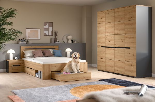 Schlafzimmer Set 4-teilig Cooper in Artisan Eiche und grau mit Kleiderschrank, Bett und 2x Nachttisch, Soft-Close