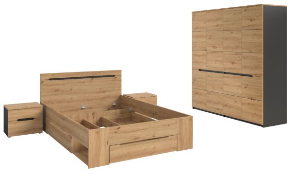 Schlafzimmer Set 4-teilig Cooper in Artisan Eiche und grau mit Kleiderschrank, Bett und 2x Nachttisch, Soft-Close