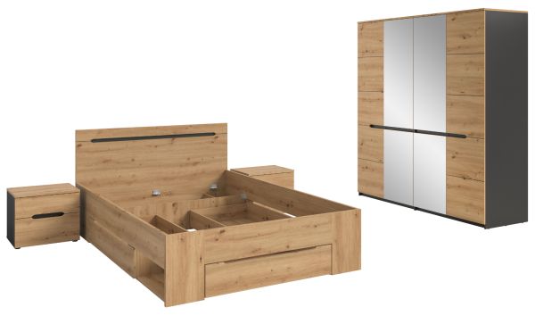 Schlafzimmer Set 4-teilig Cooper in Artisan Eiche und grau mit Kleiderschrank, Bett und 2x Nachttisch, Soft-Close