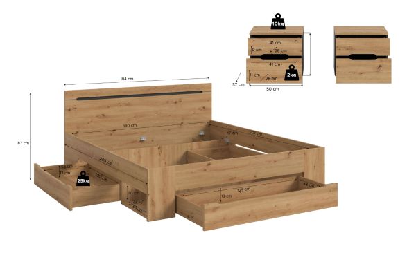 Schlafzimmer Set 3-teilig Cooper in Artisan Eiche und grau mit Bett Liegefl�che 180 x 200 cm und 2x Nachttisch