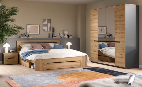 Schlafzimmer Set 3-teilig Cooper in Artisan Eiche und grau mit Bett Liegefl�che 180 x 200 cm und 2x Nachttisch