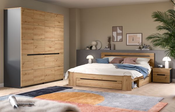 Schlafzimmer Set 4-teilig Cooper in Artisan Eiche und grau mit Kleiderschrank, Bett und 2x Nachttisch, Soft-Close
