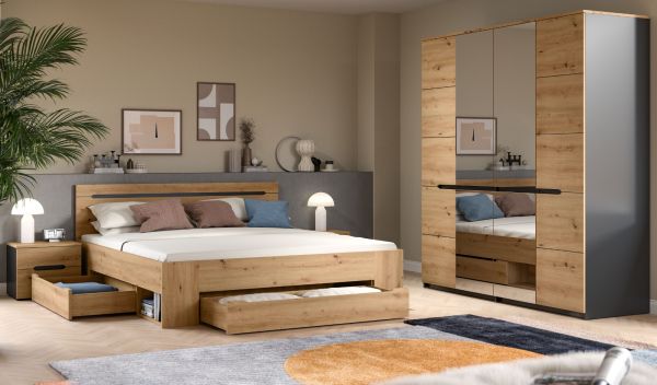 Schlafzimmer Set 4-teilig Cooper in Artisan Eiche und grau mit Kleiderschrank, Bett und 2x Nachttisch, Soft-Close