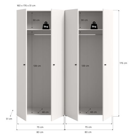 Kleiderschrank Carter in wei� Dreht�renschrank 4-t�rig 160 x 176 cm
