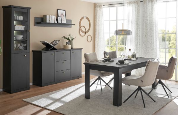 Vitrine Filmore in Schwarz matt und Eiche Landhaus 55 x 200 cm, Soft-Close