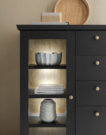 Highboard Filmore in Schwarz matt und Eiche Landhaus 129 x 117 cm, Soft-Close