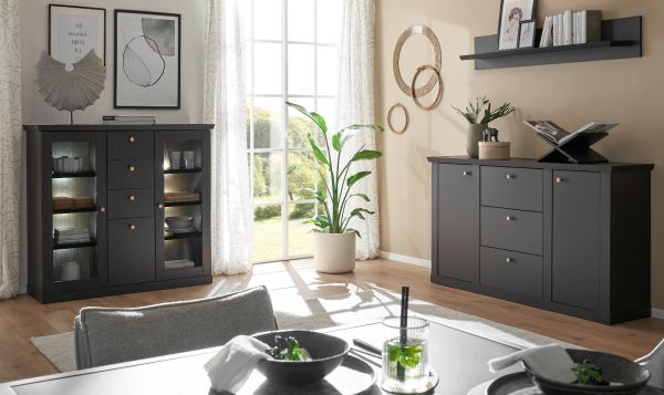 Highboard Filmore in Schwarz matt und Eiche Landhaus 129 x 117 cm, Soft-Close