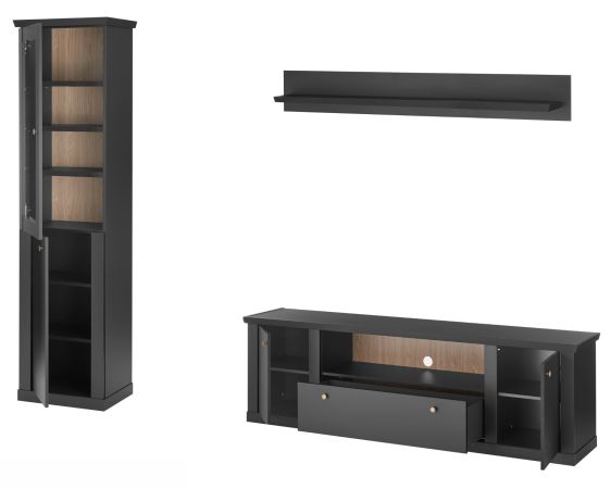 Wohnwand Filmore in Schwarz matt und Eiche Landhaus 270 x 200 cm, Soft-Close