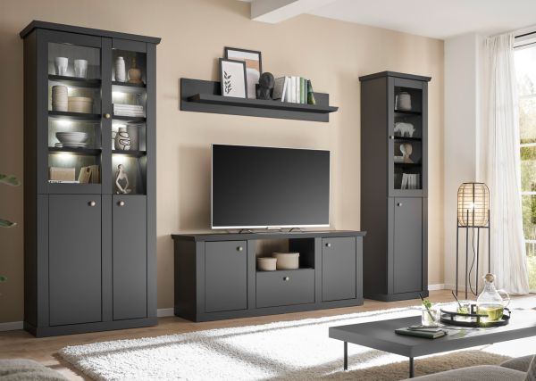Wohnwand Filmore in Schwarz matt und Eiche Landhaus 319 x 200 cm, Soft-Close