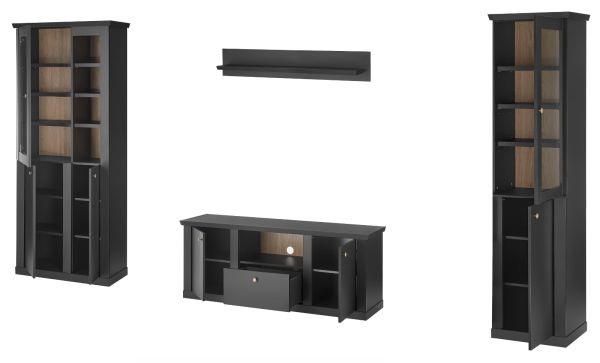 Wohnwand Filmore in Schwarz matt und Eiche Landhaus 319 x 200 cm, Soft-Close