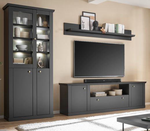 Wohnwand Filmore in Schwarz matt und Eiche Landhaus 301 x 200 cm, Soft-Close