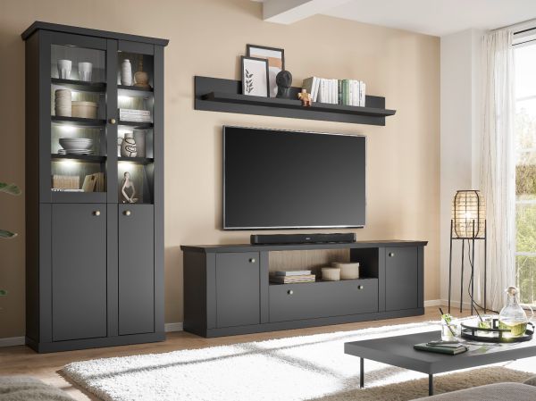 Wohnwand Filmore in Schwarz matt und Eiche Landhaus 301 x 200 cm, Soft-Close