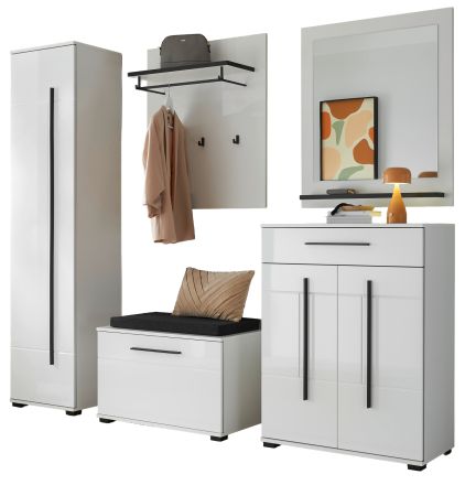 Garderobe Komplett-Set 6-teilig Design-D in Wei� Hochglanz 230 x 200 cm, Soft-Close