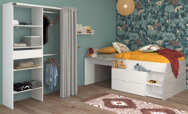 Parisot Kinder- und Jugendzimmer Milky21 in wei� und grau, Stauraumbett und Kleiderschrank