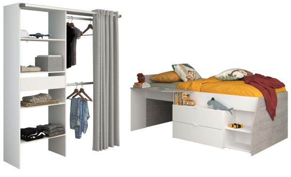 Parisot Kinder- und Jugendzimmer Milky21 in wei� und grau, Stauraumbett und Kleiderschrank