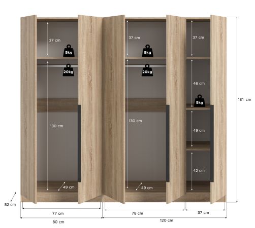 Kleiderschrank Swan in Sonoma Eiche Dreht�renschrank 5-t�rig 200 x 181 cm