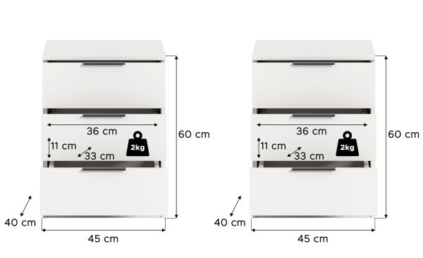 Nachttisch Set Swan in wei� 2x Nachtkommode in Komforth�he 45 x 60 cm