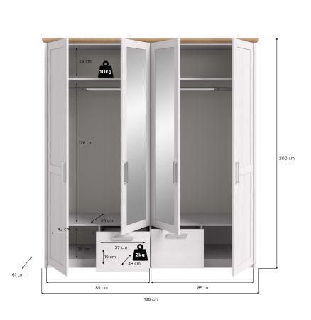 Kleiderschrank Mirano in Wei� L�rche mit Eiche, Landhaus Dreht�renschrank 4-t�rig mit Spiegel