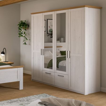 Kleiderschrank Mirano in Wei� L�rche mit Eiche, Landhaus Dreht�renschrank 4-t�rig mit Spiegel